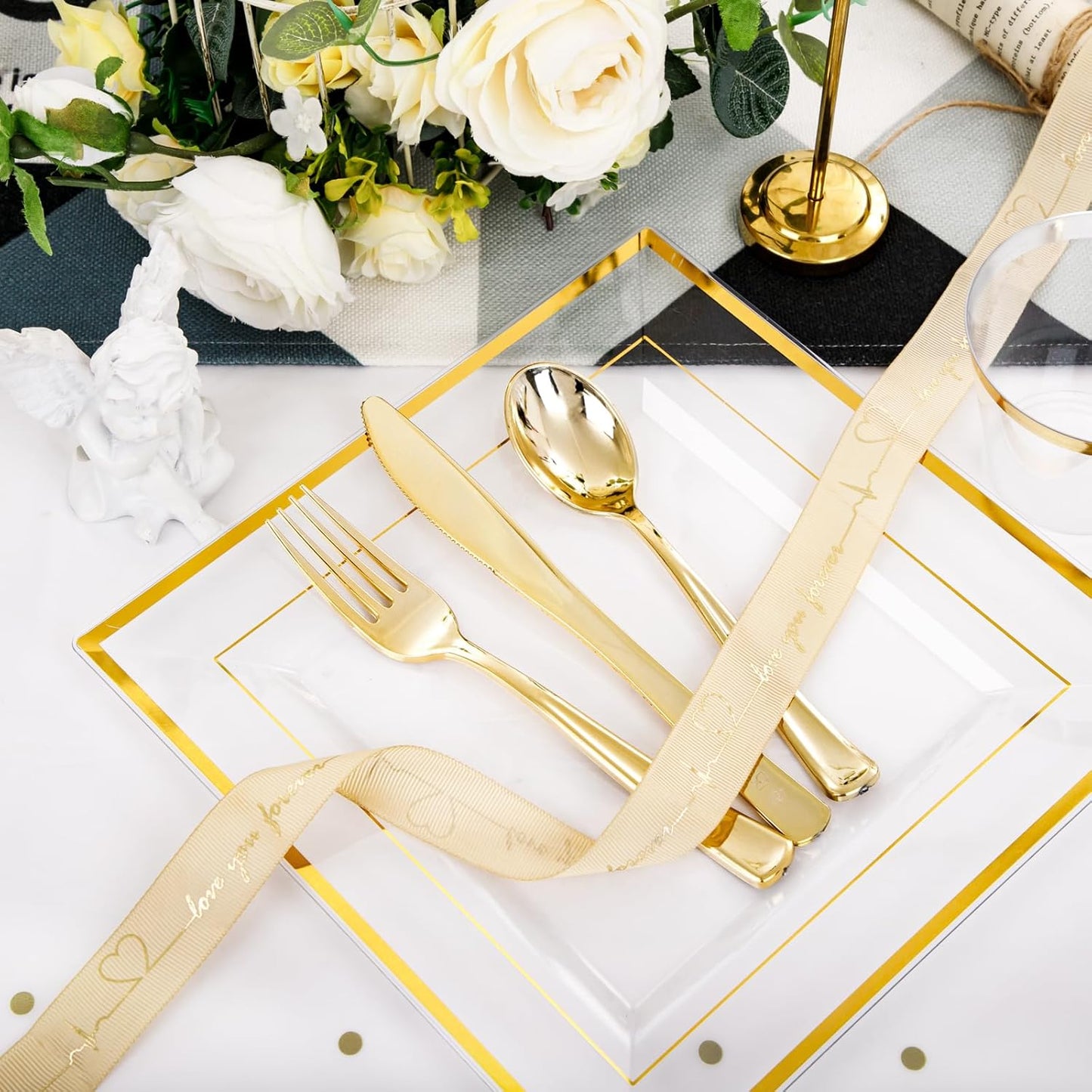 Festiva 176Pcs Clear and Gold Plastic Plates - Square Clear Plates with Gold Trim - Dinnerware Set for 25Guest include Cups Cutlery Napkins for Thanksgiving Party&Wedding&New Year