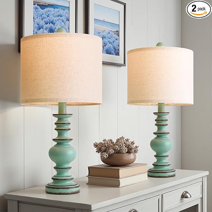 BOBOMOMO 20" Distressed Teal Bedside Lamps Set of 2, Hand-Painted Vintage Resin by BOBOMOMO