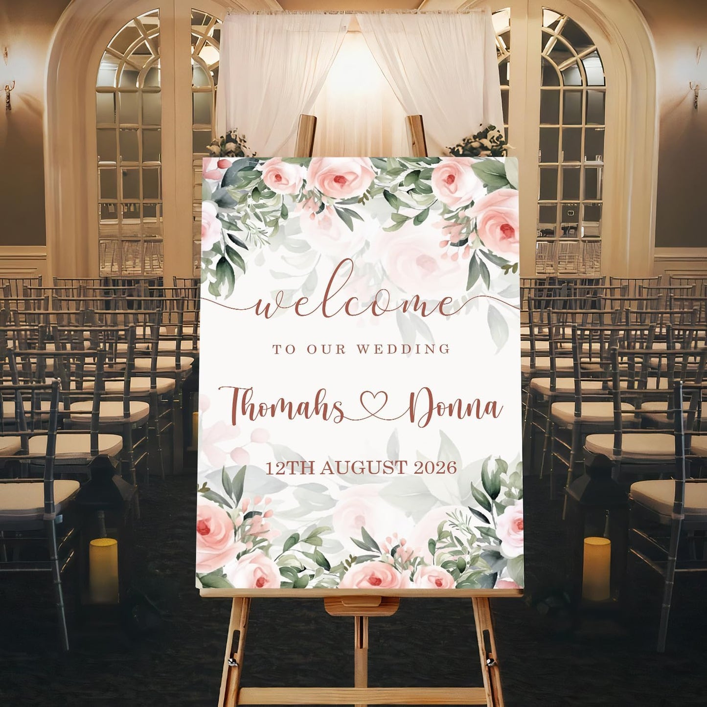 Blush Pink Rose Wedding Welcome Sign, Editable Floral Template, Gentle Modern Printable Sign for Ceremony or Reception