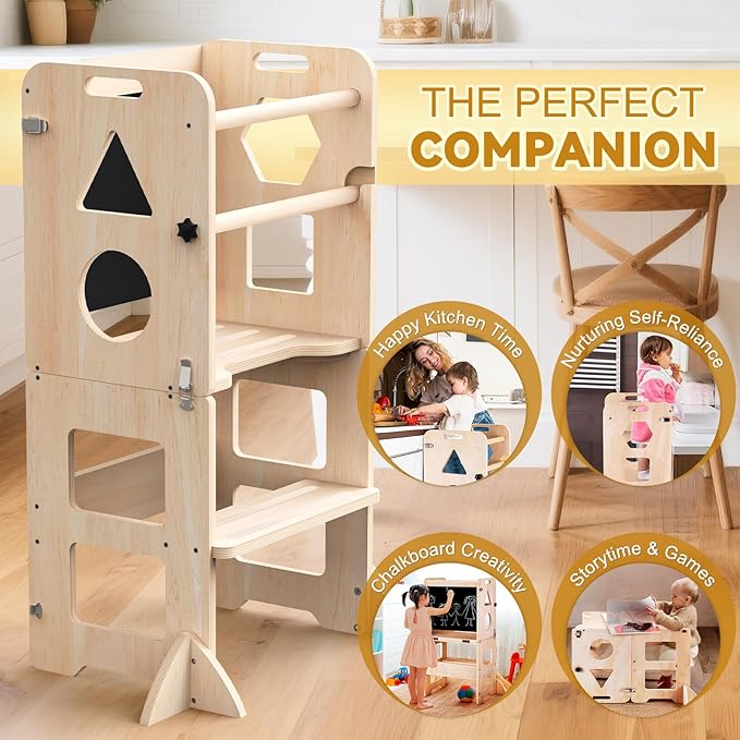 Woodure 3-in-1 Toddler Kitchen Step Stool, Foldable Learning Standing Tower - Image 6