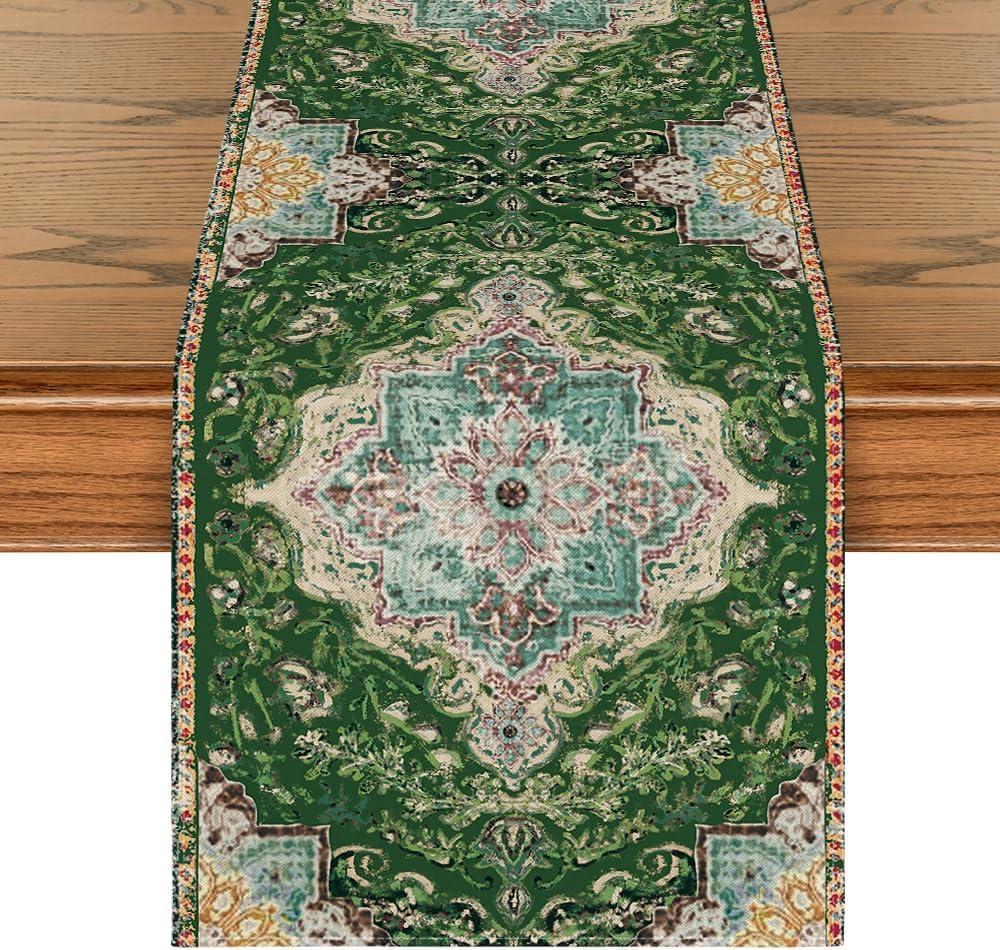 Artoid Mode Boho Bohemia Style Green Table Runner, Country Rustic Farmhouse Magical Christmas Kitchen Dining Table Decoration for Home Party Decor 13x72 Inch