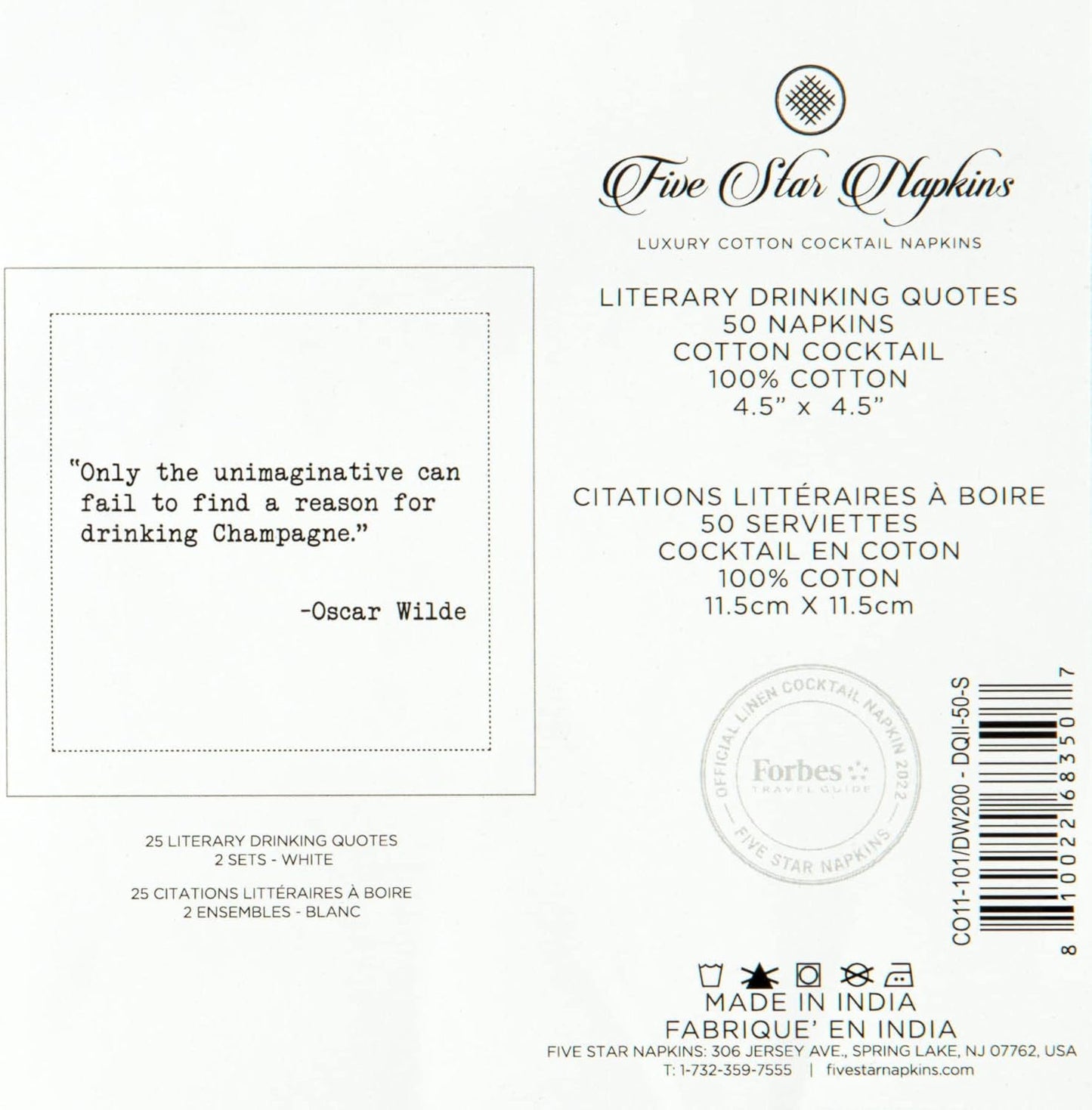 Five Star Napkins Literary Bar Quotes White Cotton Cocktail Napkins, Beverage Napkins, Bar Napkins, Cloth Napkins, Party Napkins, Holidays, Weddings, Birthdays, Disposable, 4.5" x 4.5"- (50x)