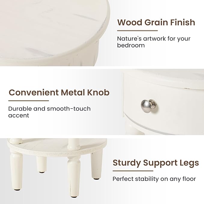 HOMPUS Round End Table with Drawer Set of 2, Rustic Framhouse Nightstand Set 2 - Image 7
