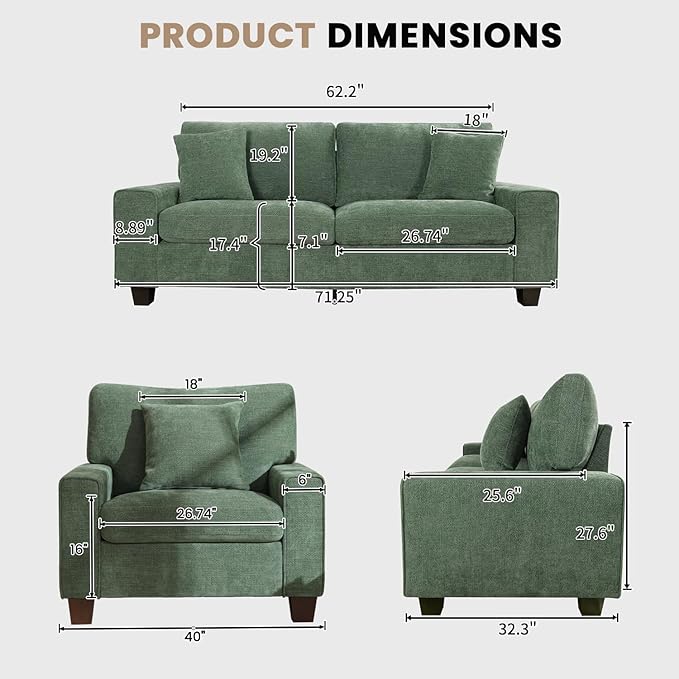 DOPEDIO Modern Living Room Sofa Set, 71.25" Chenille Loveseat - Image 2