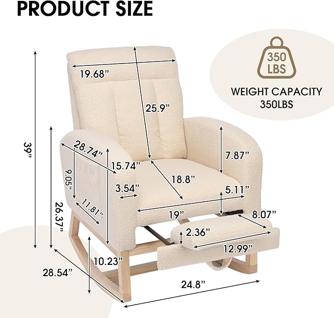 NIOIIKIT Modern Nursery Rocking Chair, Teddy Upholstered Rocking Chair - Image 2