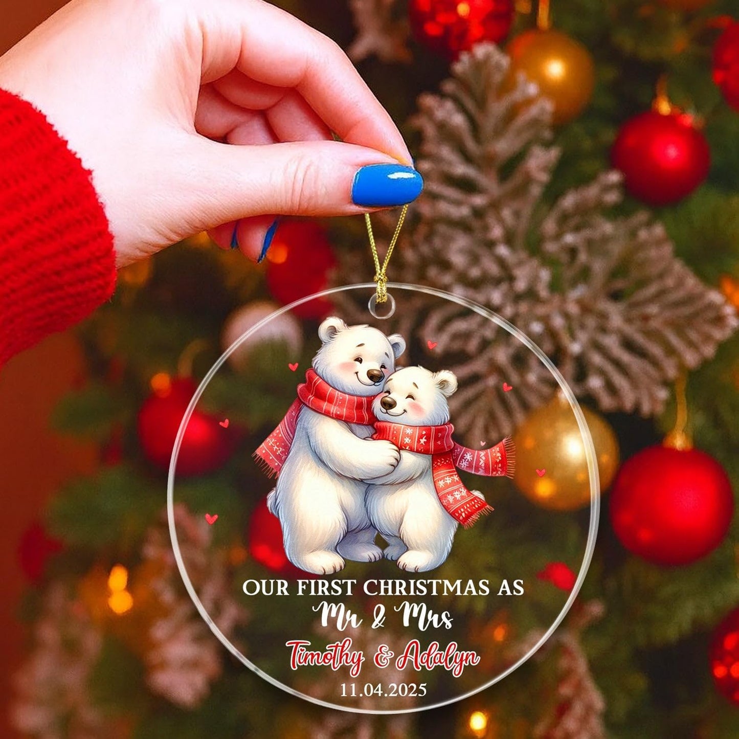 Our First Christmas As Mr & Mrs Ornament, Personalized Date/Name Polar Bear Mr & Mrs Together Ornament Gift for Newlyweds Bride Groom Just Married, Customized Wedding Anniversary Christmas Ornaments