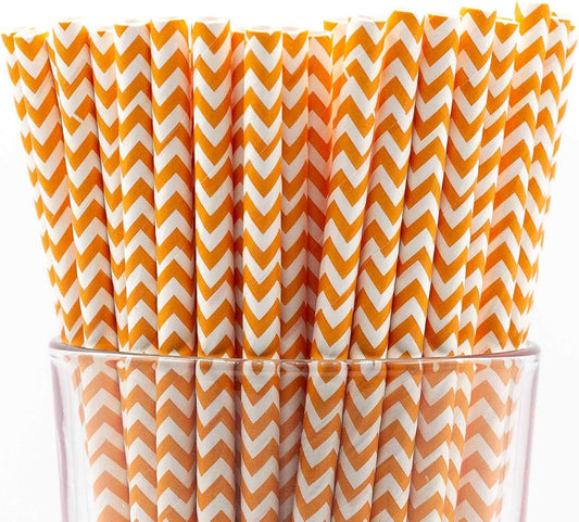 Pack of 150 Orange Chevron Biodegradable 4-Ply Paper Drinking Straws (Compostable, Non-toxic, BPA-free)