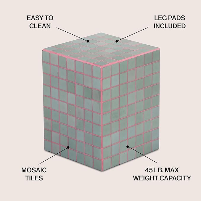 JONATHAN Y Callista 18-Inch Sage Gray/Pink Modern Ceramic Tiled Cube Side Table - Image 3