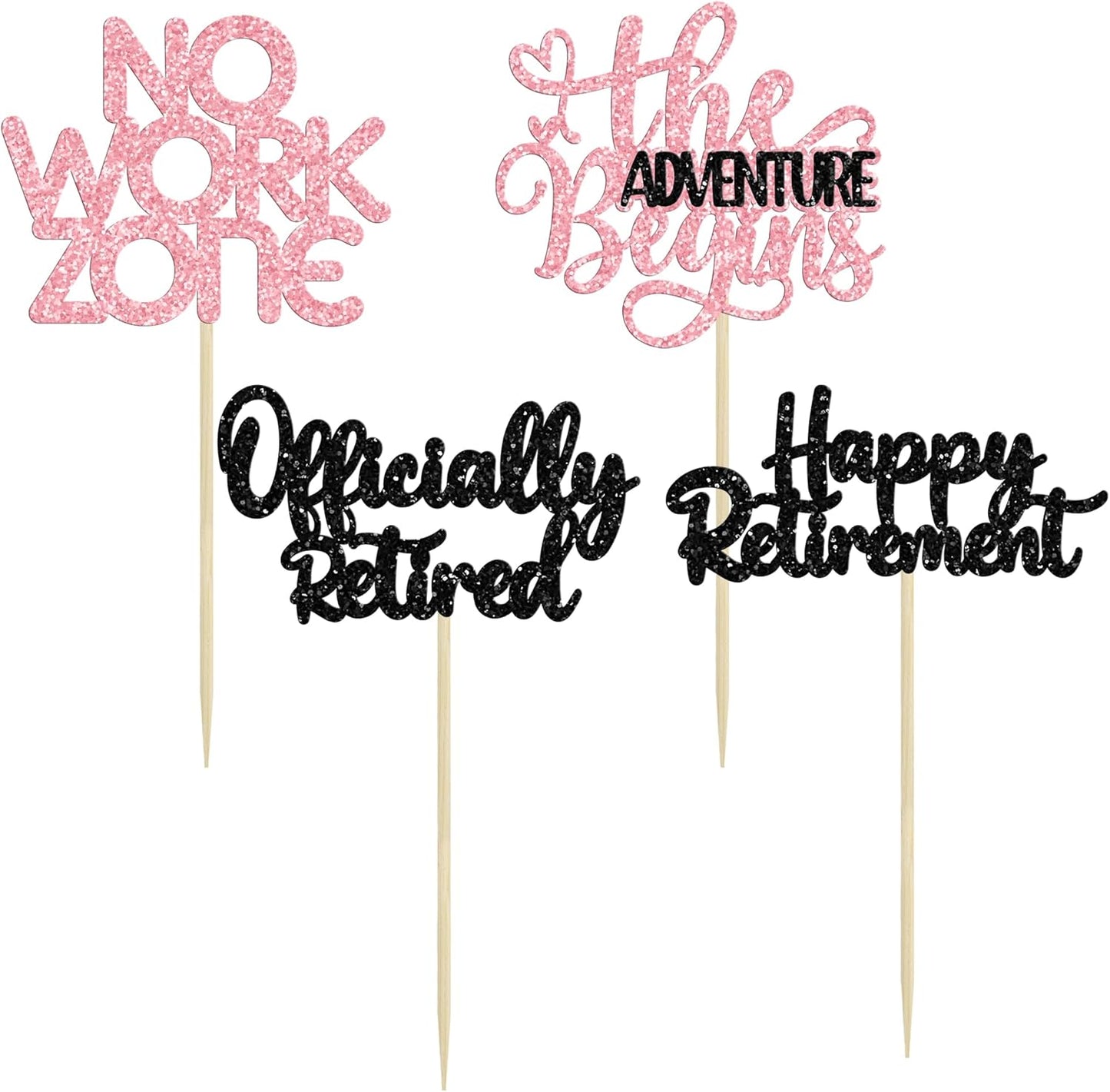 24Pcs Happy Retirement Cupcake Toppers Officially Retired Cake Toppers No Work Zone Adventure Begins Cupcake Picks Retirement Theme Farewell Birthday Party Decorations Supplies Pink Black