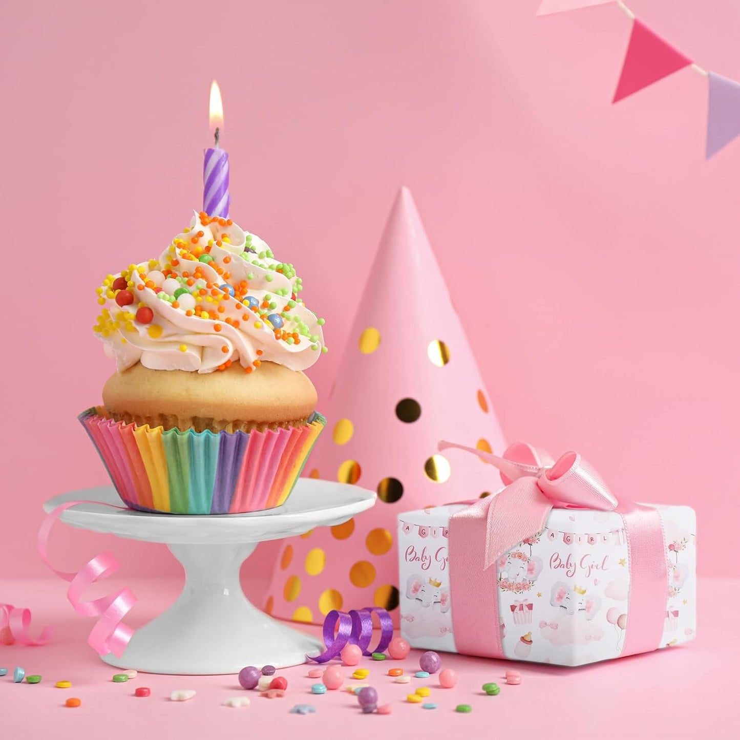 Aimyoo Pink Baby Shower Wrapping Paper Roll - 17 Inch X 16.5 Feet - Cute Elephant with Baby Girl Letter Design Perfect for Girls, Birthday, Party