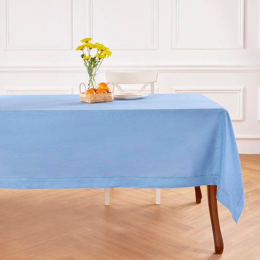 Solino Home Cornflower Blue Linen Tablecloth 60 x 132 Inch - 100% Pure Linen Hemstitch Table Cloth for Rectangle Tables - Classic Hemstitch, Machine Washable Tablecloth