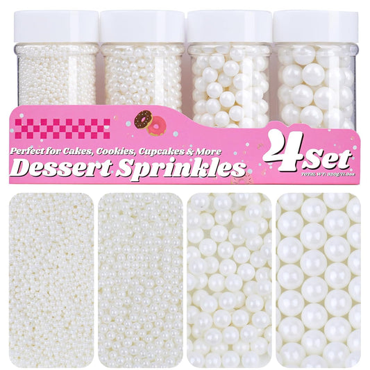 White Pearl Sprinkles for Cake Decorating, 11.3 Oz Edible Pearls Sugar 4 Sizes Gift Box Set for Baking Cookie Ice Cream Cupcake Toppings