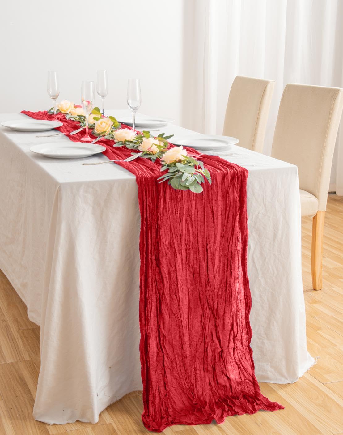 8 Pack 10Ft Red Cheesecloth Table Runner 35x120 inch Boho Gauze Cheese ClothsTable Runners Long Wrinkled Sheer Romantic Table Runner for Wedding Bridal Shower Birthday Party Table Decor