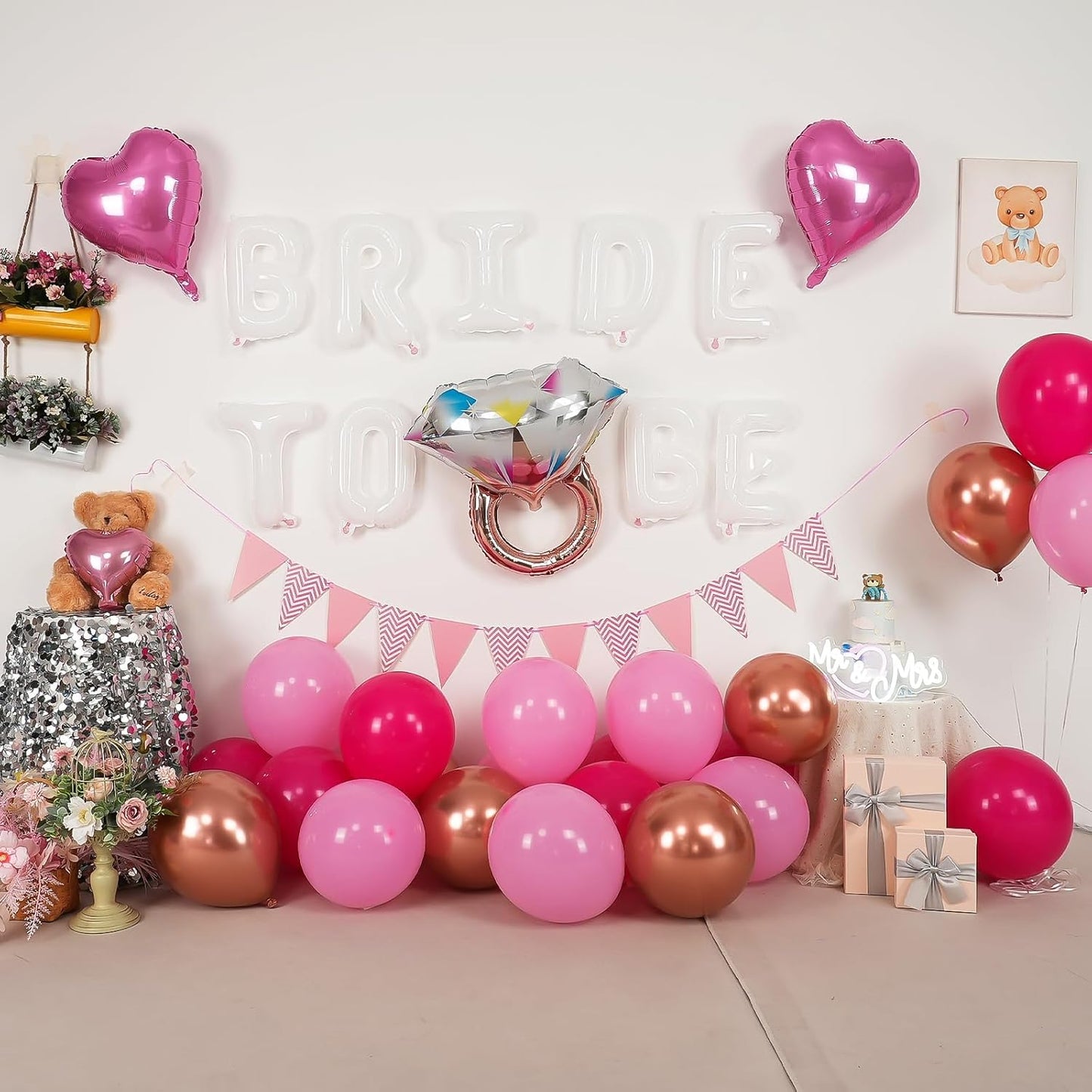 Pink White Bachelorette Party Decorations, White Bride To Be Bridal Shower Balloons Decorations, Hot Pink Rose Gold Balloons with Diamond Ring Cream Heart Balloons for Bachelorette Engagement Wedding