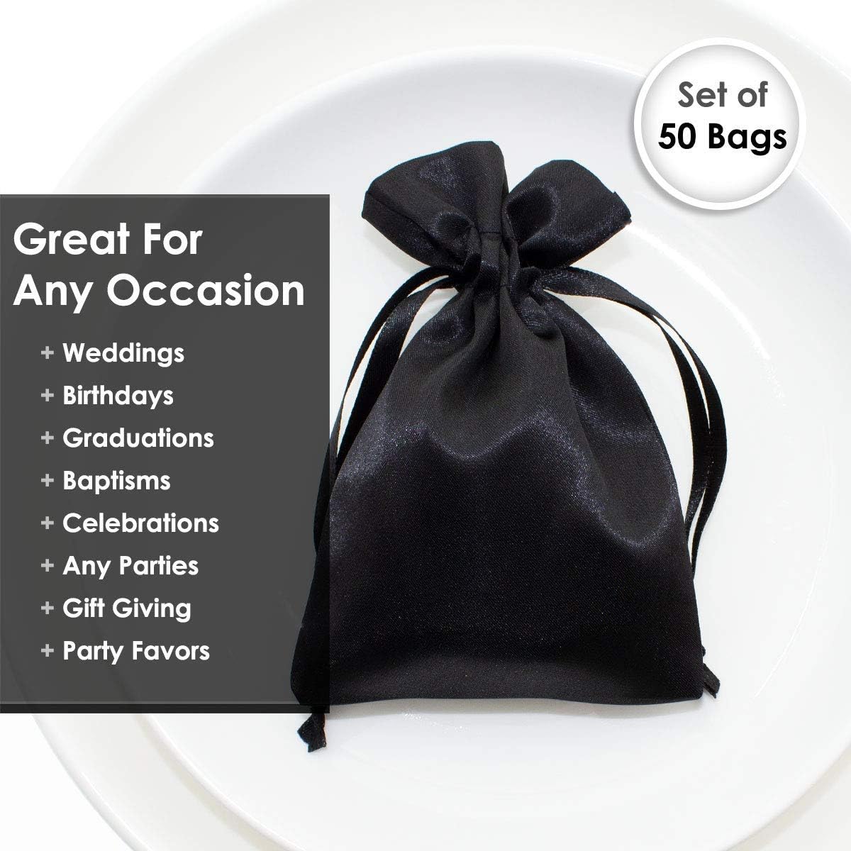 5" x 8" Black Satin Gift Bags, Jewelry Bags, Wedding Favor Drawstring Bags Baby Shower Christmas 50 per Pack