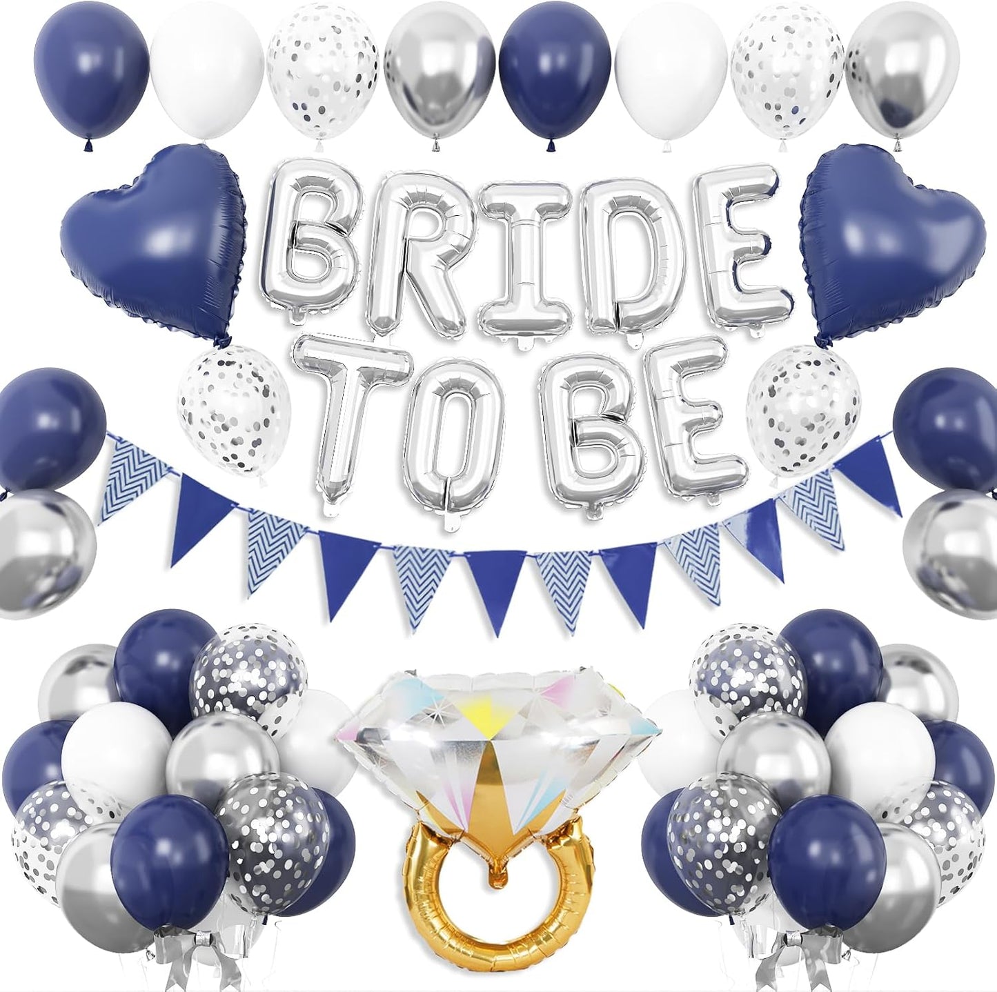 Blue Silver Bachelorette Party Decorations, Silver Bride To Be Bridal Shower Balloons Decoration, Navy Blue White Silver Balloon and Diamond Ring Blue Heart Balloon for Bachelorette Engagement Wedding