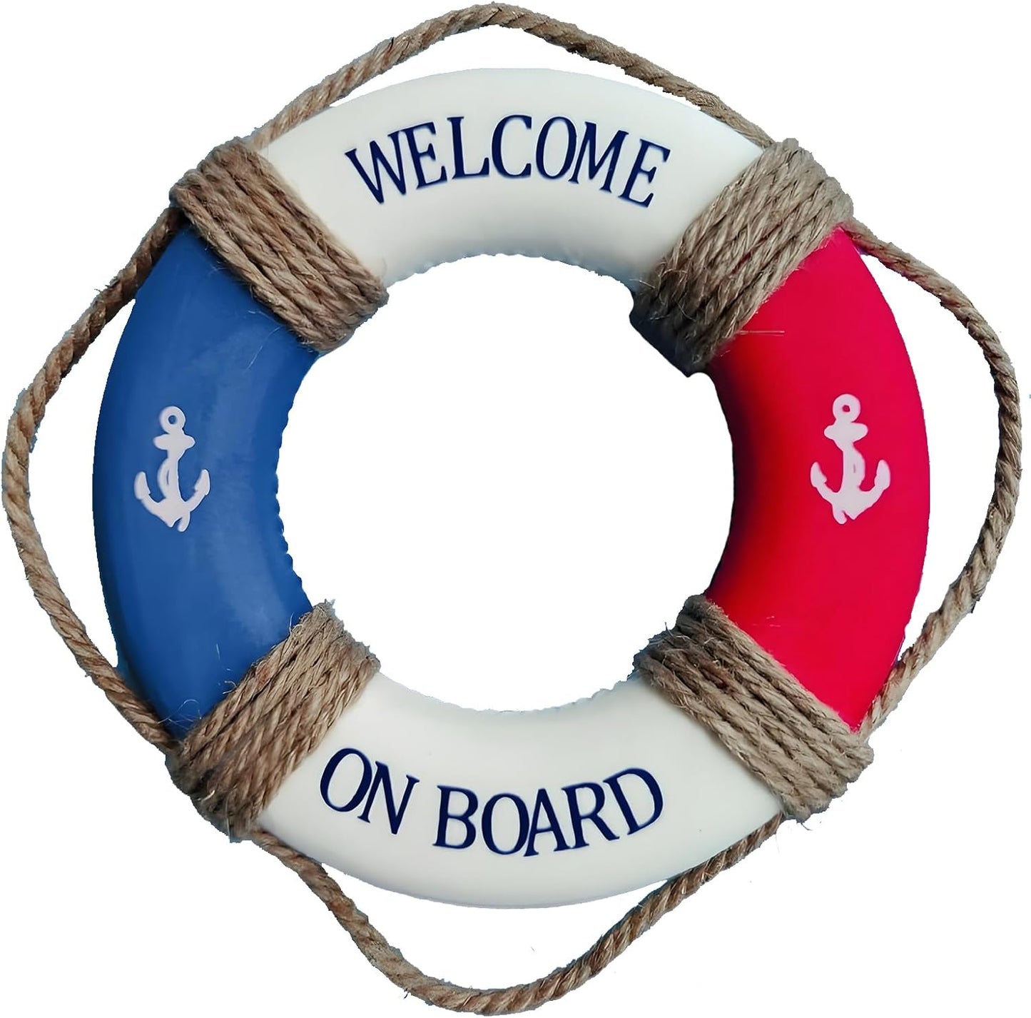 MorroMorn Lifebuoy Wall Hanging Decor - Welcome Aboard Mediterranean Style Home Decoration Hemp Rope (Red & Blue, 20")