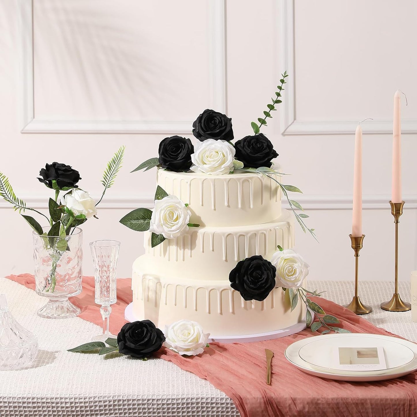 Tifuly Black Roses Artificial Flowers -12 pcs Realistic Single Long Stem Fake Silk Roses Bouquet for Party Home Wedding Centerpiece Office Halloween DIY Decor