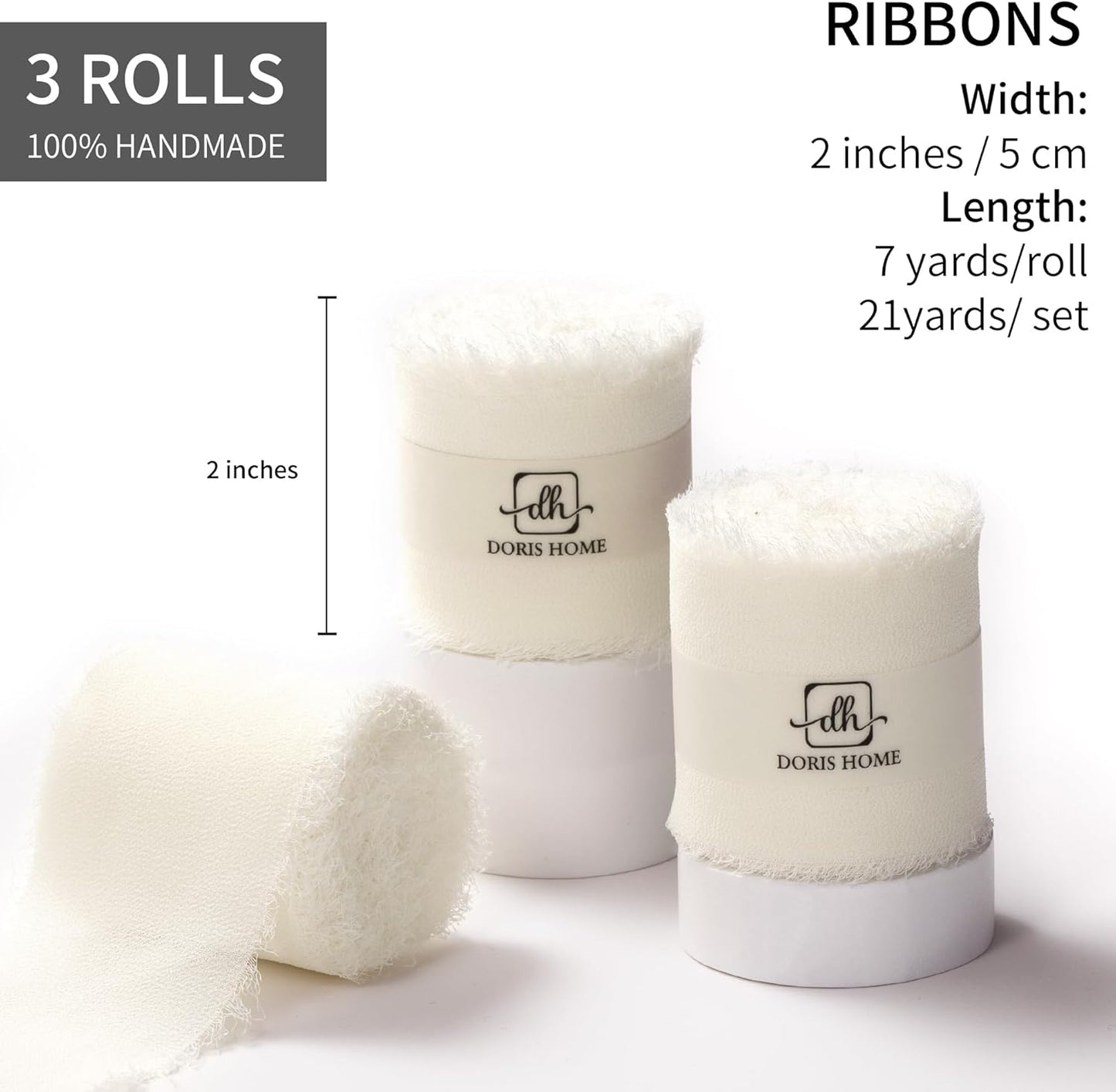 DORIS HOME Cream White Chiffon Ribbon for Flower Bouquet, 2" x21Yd Fabric Ribbon for Gift Wrapping, Handmade Frayed Ribbon for Wedding/Christmas Decorations