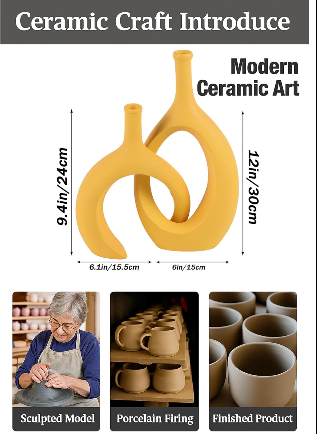 WUBIANJIE Yellow Ceramic Vase - Modern Boho Decor, Mustard Yellow, Round, Anti-Slip Base, Perfect for Living Room, Bedroom, Bathroom