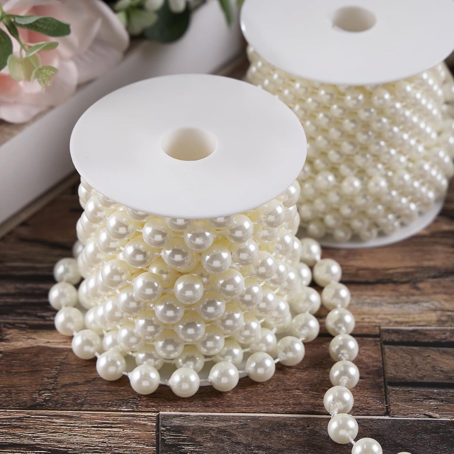 12mm Pearl Beads String, Ivory Pearls for Crafting Imitation Decorative Beads Garland 5.5 Yds, Wedding Party Valentine Christmas Tree Decorations