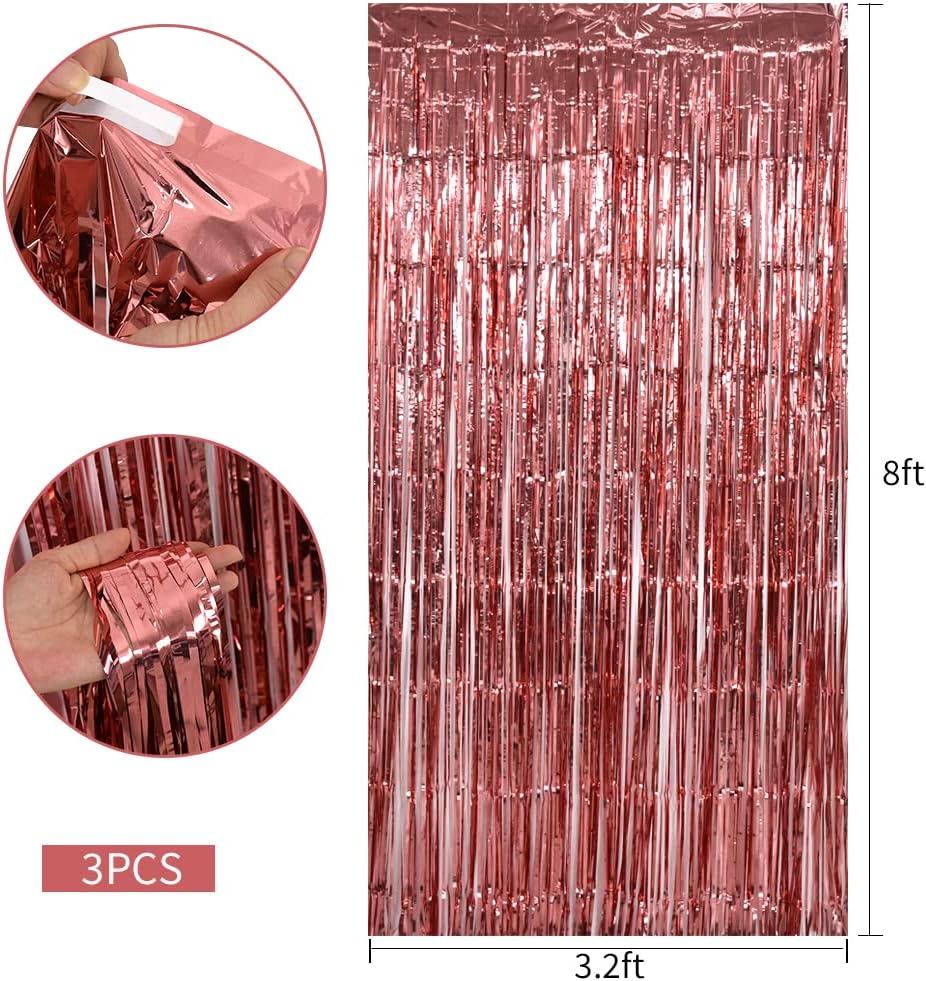 TONIFUL 3Pcs Rose Gold Door Streamers,Rose Gold Photo Booth Backdrop Metallic Streamers Foil Fringe Curtain for Birthday,Christmas,New Year,Bachelorette,Graduation Party Decor(9.9ft x 8.2ft)