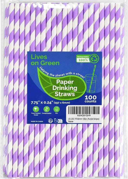 Disposable Purple Striped Party Paper Drinking Straws 100 Counts 7.75'' x 0.24'', Unwrapped, for Cocktail, Coffee, Water