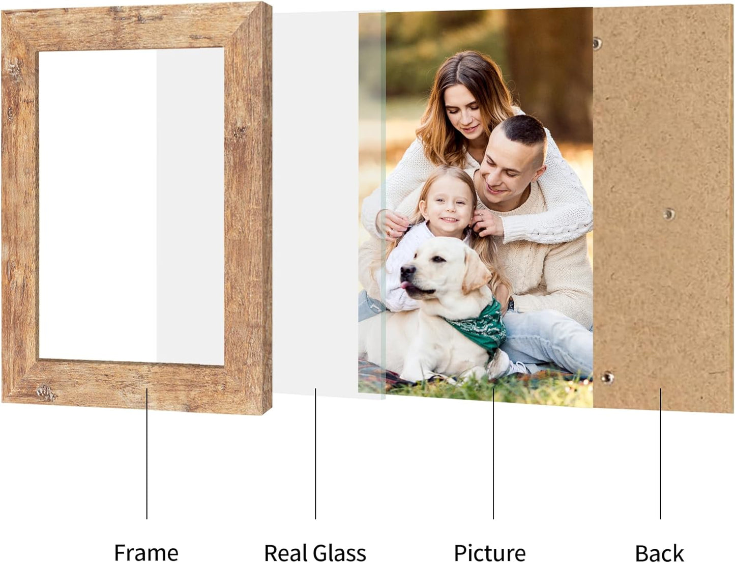 6x9 Picture Frame Set of 4, High Definition Real Glass Rustic Brown Frame, 6 x 9 Wood Photo Frames for Tabletop Display and Wall Mounting