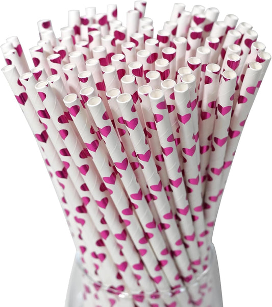Paper Straws, Disposable Drinking Straws Biodegradable 7.75 inch,for Wedding Birthday Decorative Holiday Party Supplies - 100 Count, Foil Rose Pink Heart