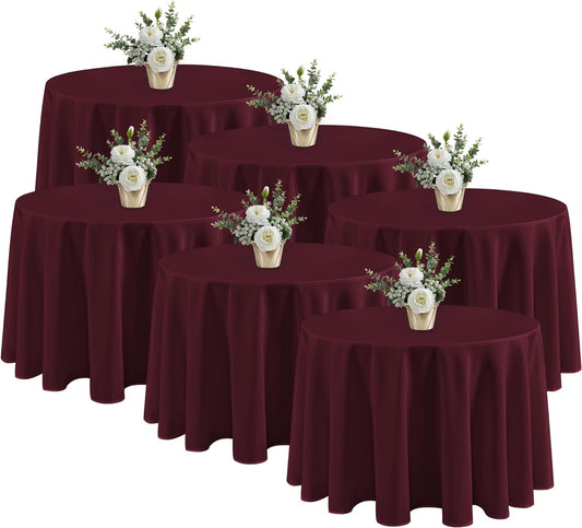 Fitable 6 Pack Burgundy Tablecloths for Round Tables - 108 Inches in Diameter - Stain Resistant and Washable Table Clothes, Polyester Fabric Table Covers for Wedding, Party, Banquet, Formal Events
