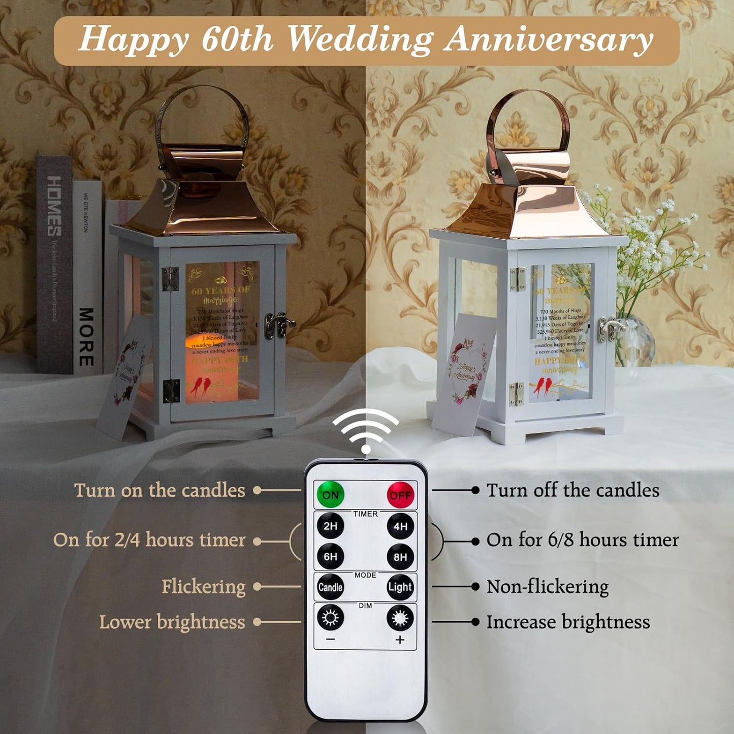 60th Wedding Anniversary Lantern - Rose Gold 60th Anniversary Wedding Gift for Couple, Parents, Grandparents
