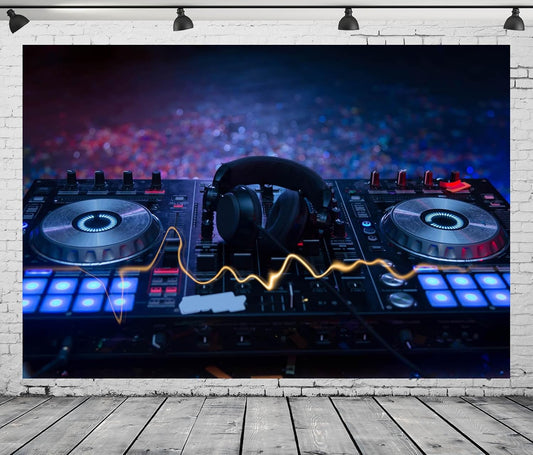 CORFOTO 9x6ft Fabric Dj Mixer with Headphones Backdrop Photography Dj Sound Equipment in Dark Background Musical Dance Disco Party Decorations Live Concert Stage Photoshoot Booth Studio Props