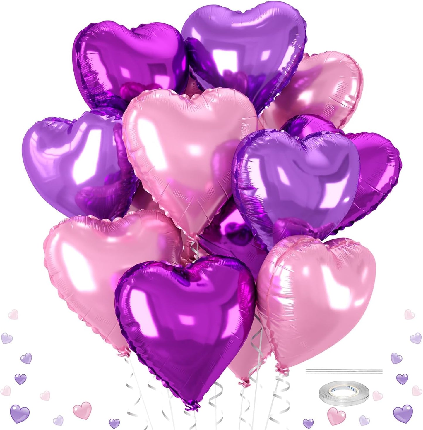 12 Pcs Heart Balloons, 18 inch Pink Purple Heart Shaped Balloon, Big Helium Foil Hot Pink Purple Balloons for Wedding Baby Shower Anniversary Backdrop Valentine Women Girl Party Decoration