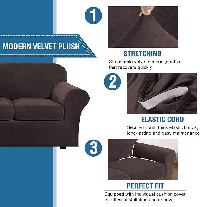 H.VERSAILTEX Real Velvet Plush 3 Piece Stretch Sofa Covers Couch Covers - Image 3