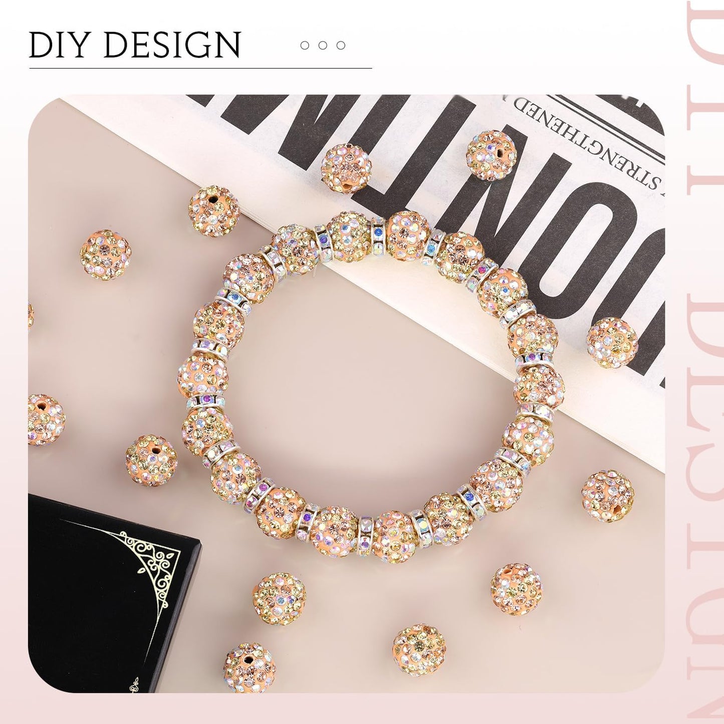 150pcs 10mm Rhinestone Beads for Jewelry Making, Light Peach AB Shiny Round Shamballa Disco Beads Bulk, Sparkle Crystal Clay Christmas for Bracelet Baseball Necklace Earring Crafting and DIY