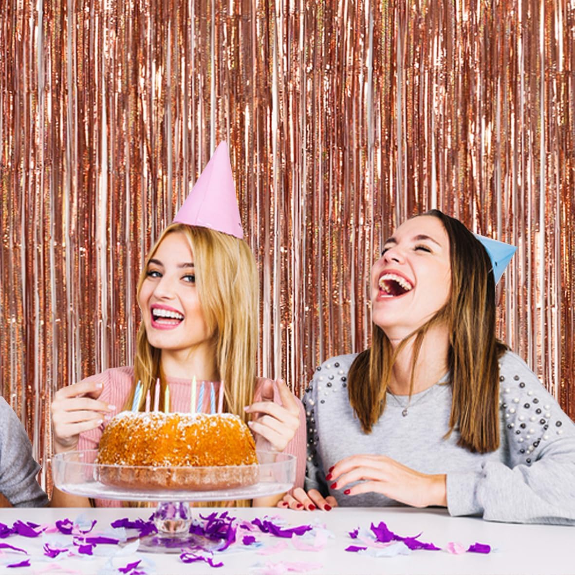 TONIFUL 3Pcs Laser Rose Gold Door Streamers,Laser Rose Gold Photo Booth Backdrop Metallic Streamers Foil Fringe Curtains for Birthday,Christmas,New Year,Bachelorette Party Decor(9.9ft x 6.6ft)