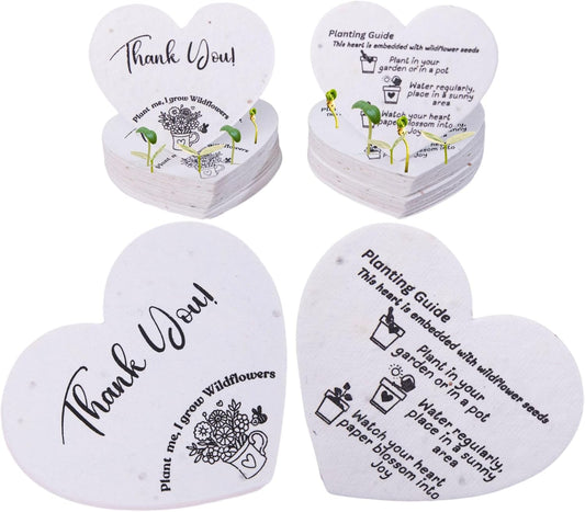 50 Plantable Seed Paper Hearts - Thank You Cards 2.5in x 2in | Handmade Seed Paper Embedded with Wildflower Seeds | Party Favors | Wedding Favor | Small Business Thank You Cards