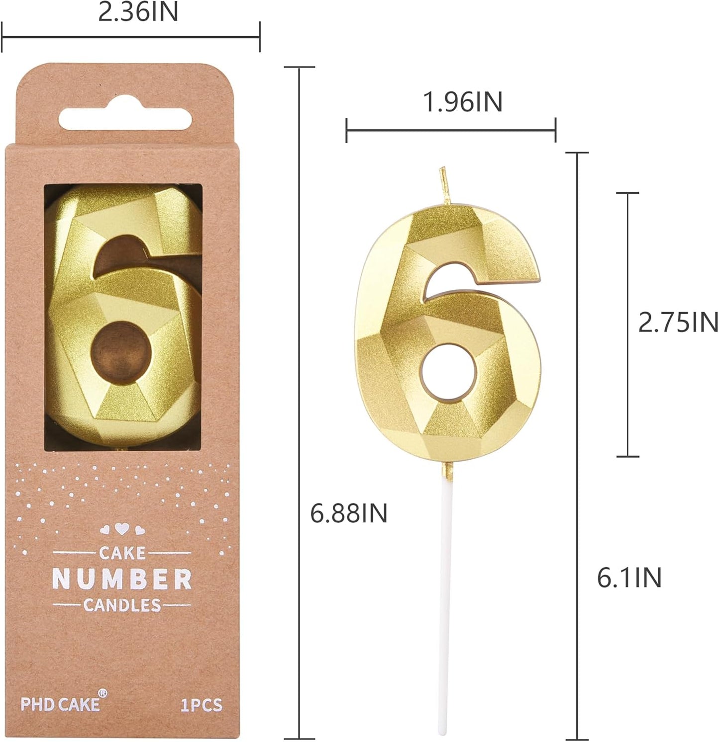 PHD CAKE 2.76 Inch Crystal Gold 6 Number Birthday Candles, Gold Candles, Cake Candles, Party Celebration
