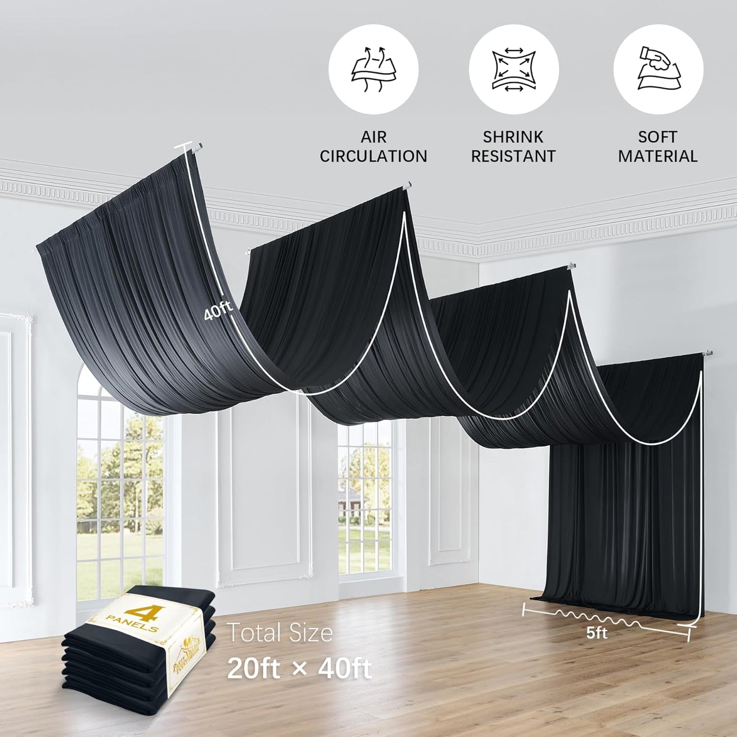 PartyVillage 20ftx40ft Black Ceiling Curtain for Halloween Parties – 4 Panels Wrinkle-Free 40 FT Long Tent Draping Curtains for Wedding, Birthday & Theme Parties, 40ft Height with Rod Pocket