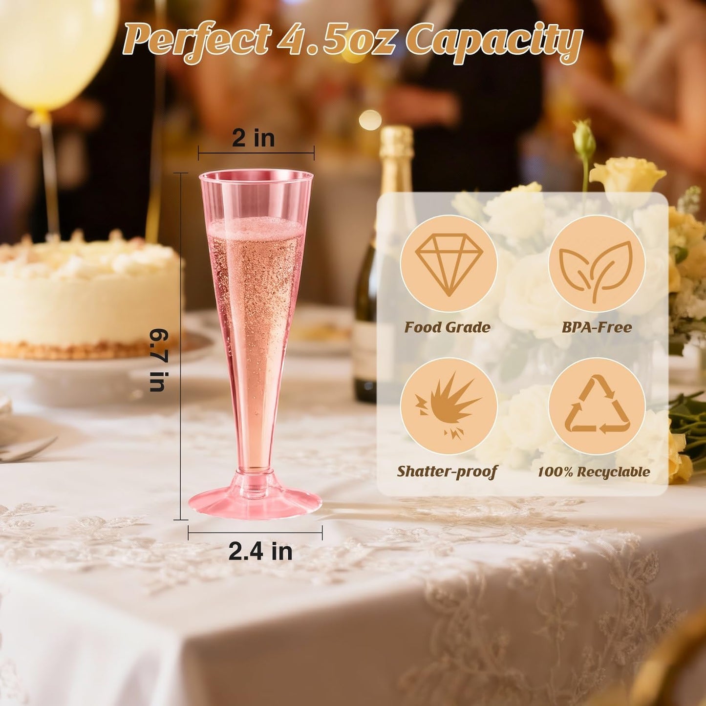 40 Pack Pink Champagne Flutes Plastic Wine Glasses Disposable, 4.5 Oz Clear Mimosa Glasses for 2025 Engagement Wedding Birthday New Years Eve Xmas Party Supplies, Bulk Toasting Cocktail Cups