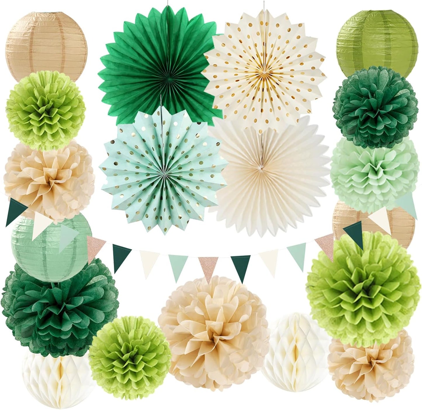 Sage-Green Boho Party-Decorations Paper-Flowers Lanterns - 20PCS Rustic Tissue Pom Poms Streamers Fans Honeycomb, Birthday Baby Shower Neutral Garden Neutral Wedding Hanging Supplies Decor Burgleda