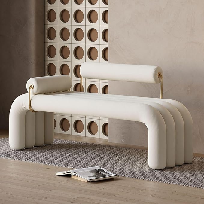 LOVEDIMA Modern White Line Tufted Bench Upholstered Entryway Bench Velvet - Image 6