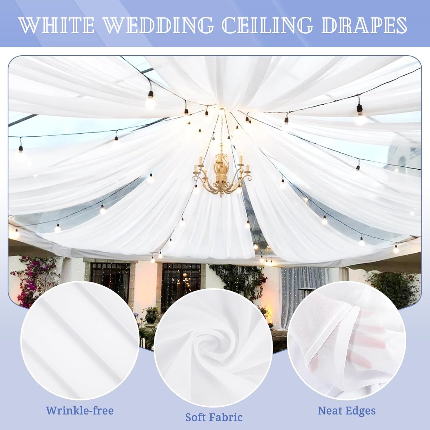 8 Panels White Ceiling Drapes for Wedding 5ftx30ft Sheer Drapery Chiffon Fabric Arch Draping Curtains for Party Ceremony Birthday Baby Shower Reception Stage Ceiling Decorations