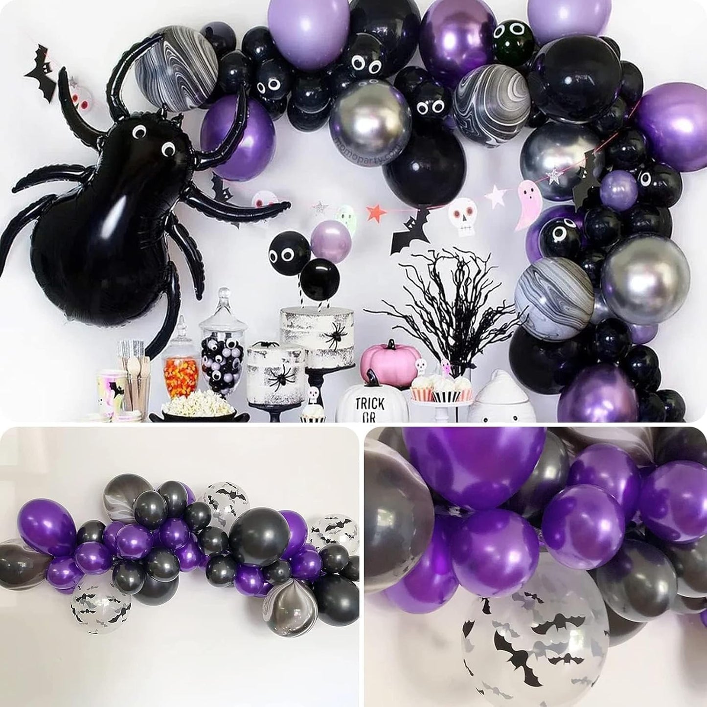Halloween Balloons, 60PCS Purple and Black Balloons, Metallic Purple and Halloween Bat Printed Clear Balloon, Halloweens Latex Balloon for Boy Girl Birthday Party Decorations Indoor Outdoor