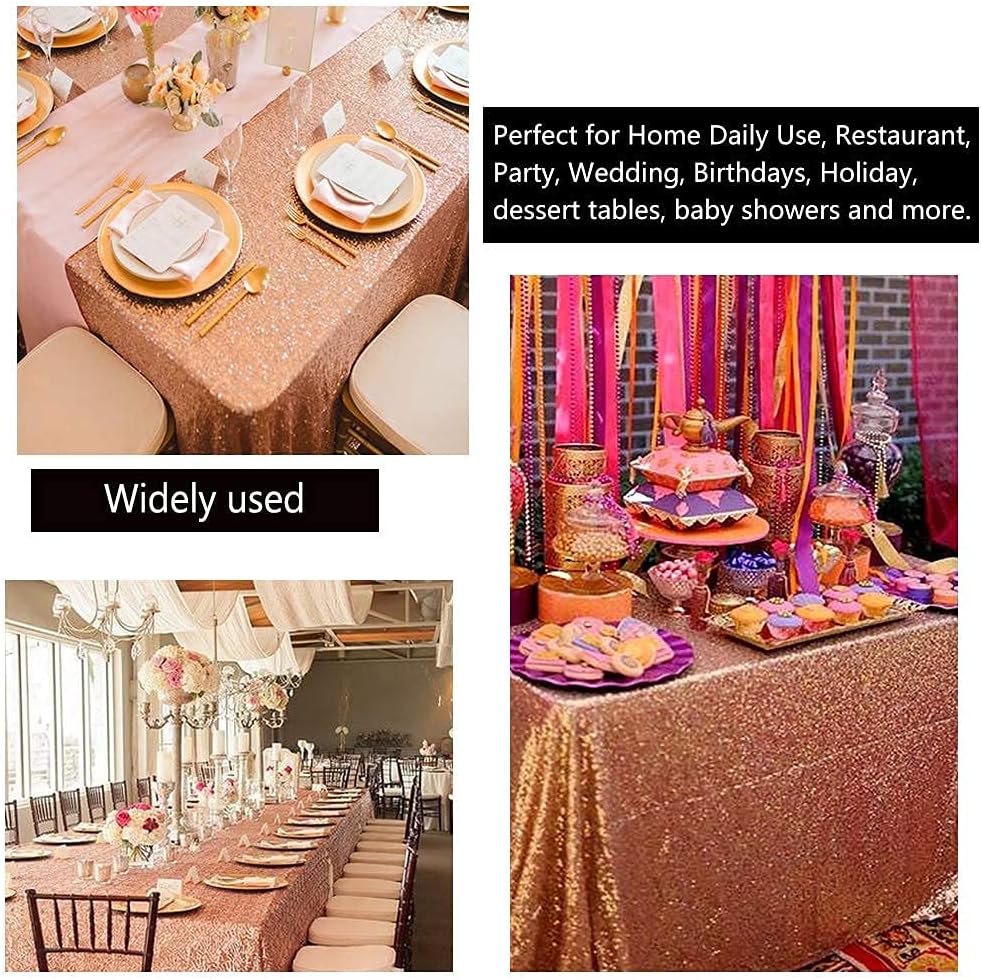 QueenDream Tablecloth 90x156 Rectangle Sequin Table Cloth Rose Gold Wedding Table Linens Glitter Birthday Bridal Party Indoor Outdoor Decorations