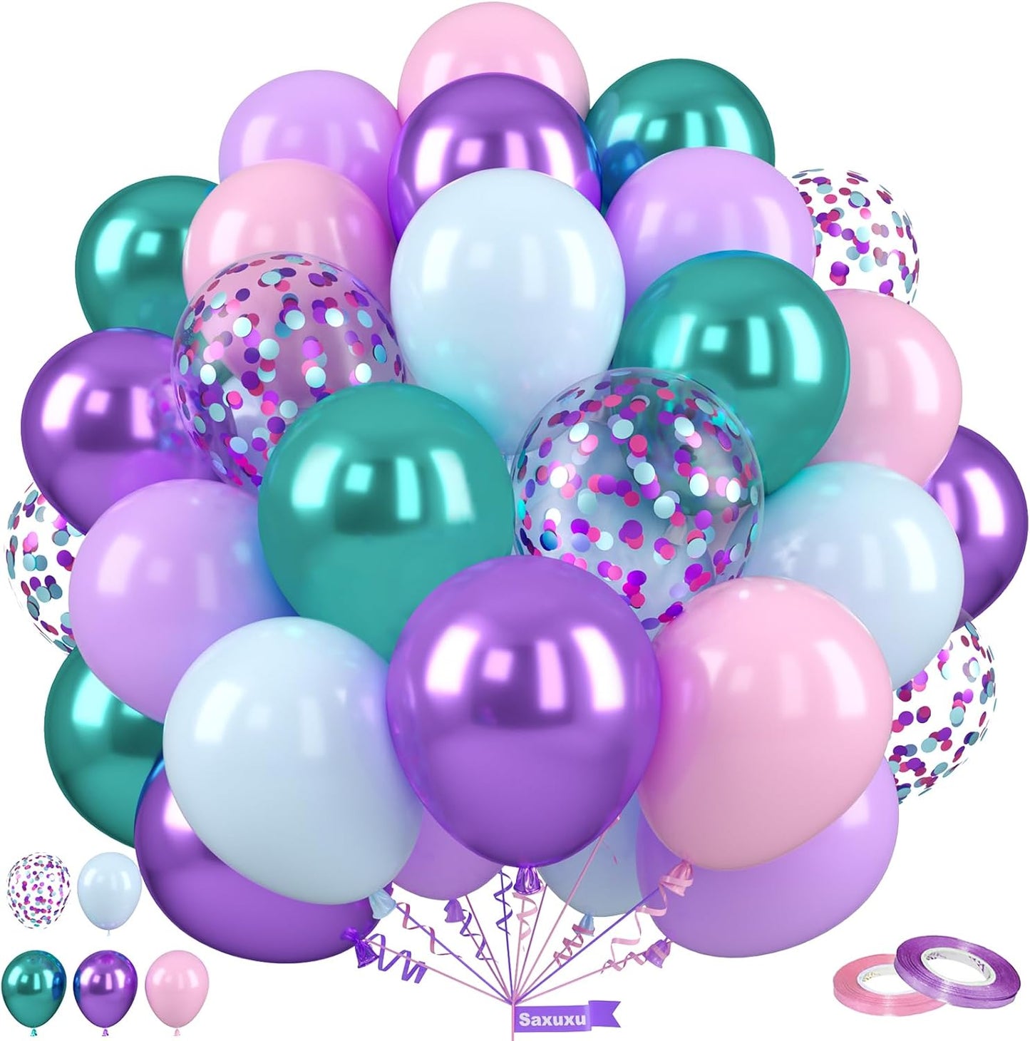 Mermaid Balloons, 12 Inch Pastel Purple and Teal Balloons, Pink Metallic Teal Purple Confetti Balloon Latex Balloon for Girls Mermaid Theme Princess Birthday Baby Shower Party Decorations