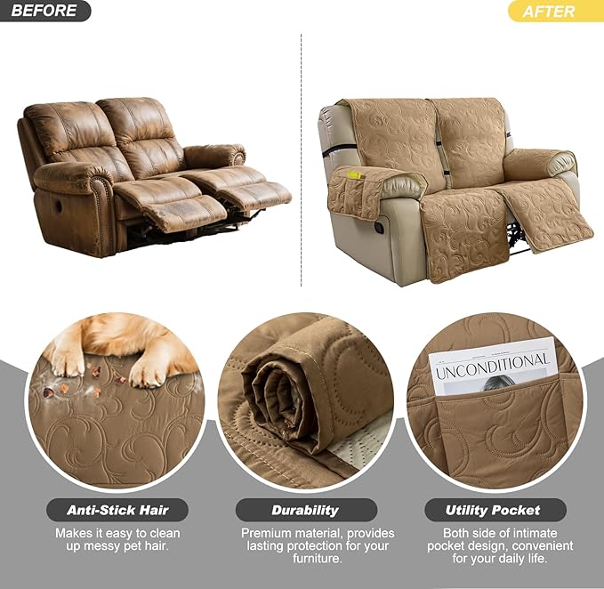 100% Waterproof Loveseat Recliner Cover, 4-Piece Split Reclining Couch Covers - Image 4