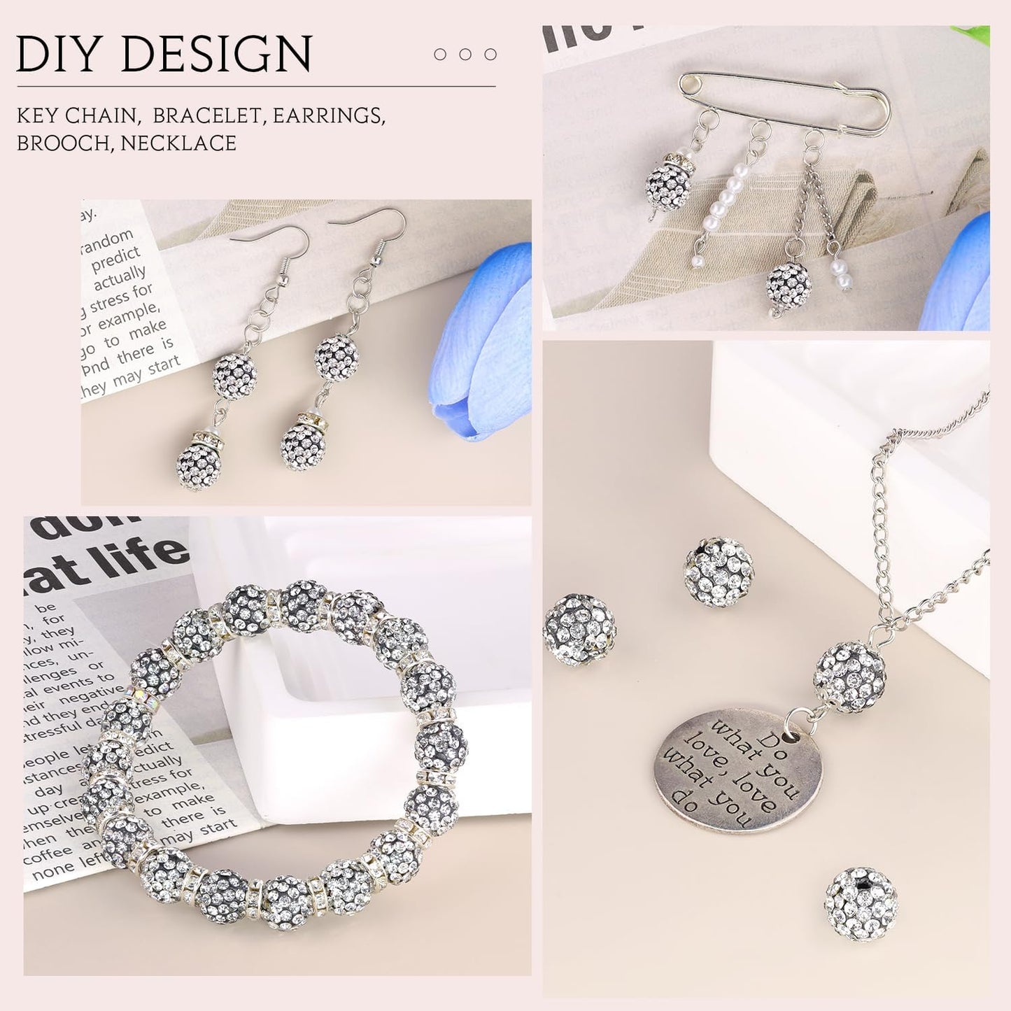 100pcs 10mm Rhinestone Beads for Jewelry Making, Black White Shiny Round Shamballa Disco Ball Beads, Sparkle Crystal Clay Christmas for Bracelet Baseball Necklace Earring Crafting and DIY