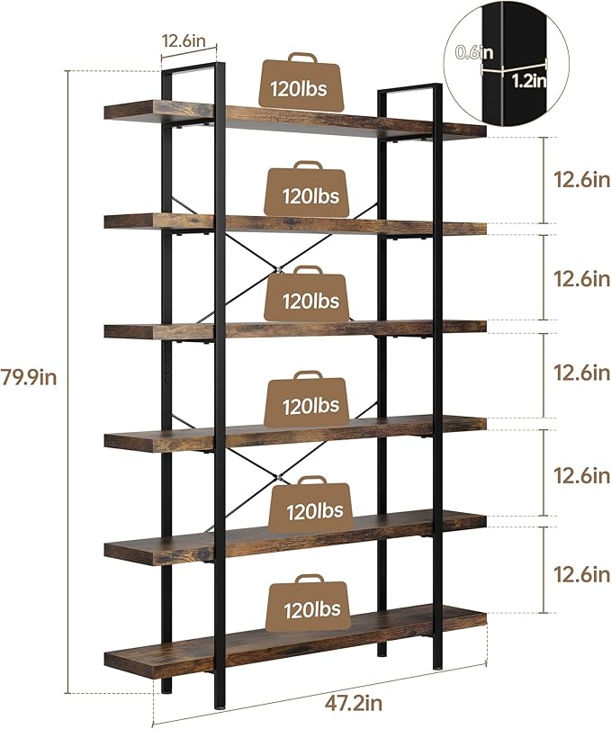OtterOasis Bookshelf Set of 2, Heavy Duty 6-Tier Industrial Bookcase, 120lbs - Image 2