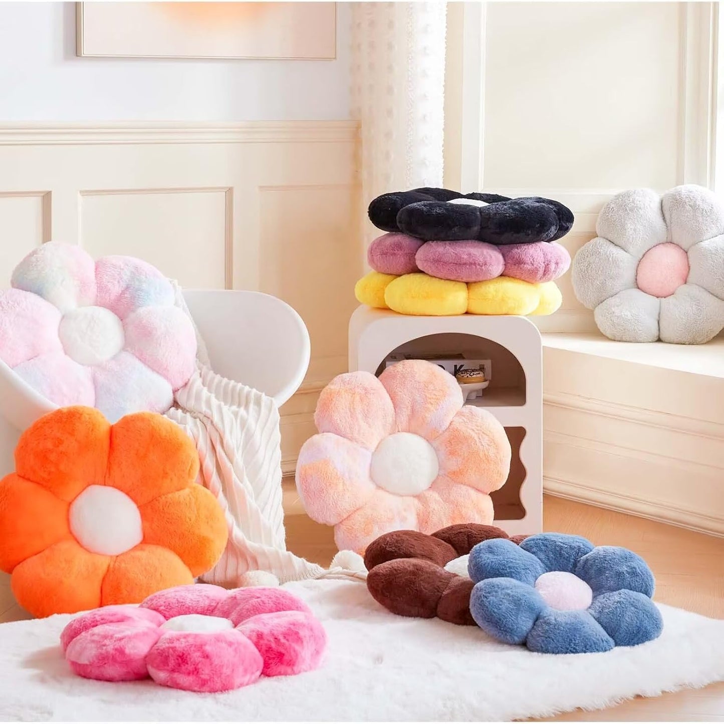 Cute Decorative Orange Flower Shaped Throw Pillow with Faux Rabbit Fur, Soft Plush Pillow, 14.9" Room Decor for Bedroom Living Room